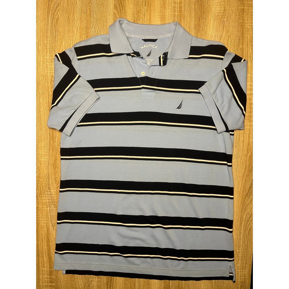 VINTAGE Nautica Polo Shirt Mens M Blue Striped Casual Short Sleeve Cotton Hybrid